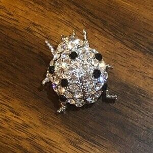 Beetle Ladybug Crystal Silver Black Insect Brooch Pin